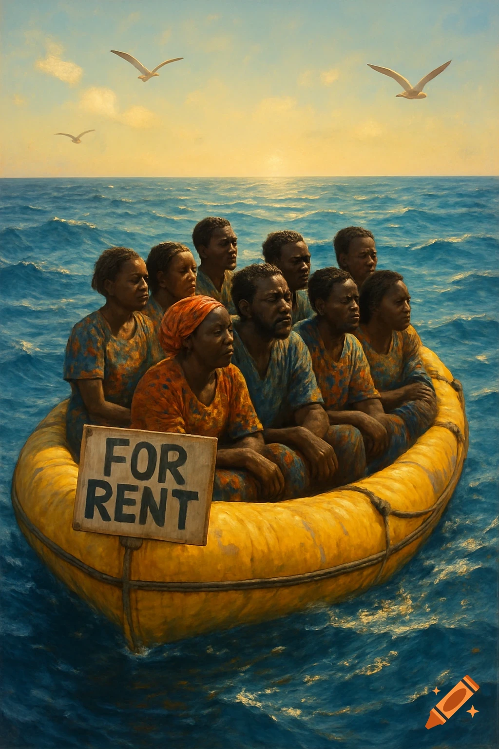 Eight people in a yellow inflatable boat on the ocean with a 'FOR RENT' sign. Seagulls fly overhead under a bright sky, painted.