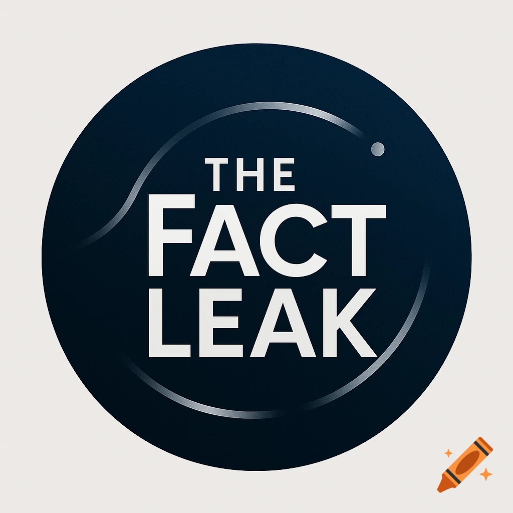 A minimalist dark blue circular logo with the white text 'THE FACT LEAK' and abstract white lines.