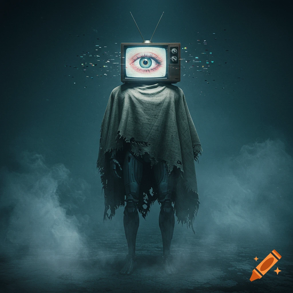 A mysterious robot figure with a vintage television head showing a large eye, draped in a tattered cloak, standing in a dark, misty environment.