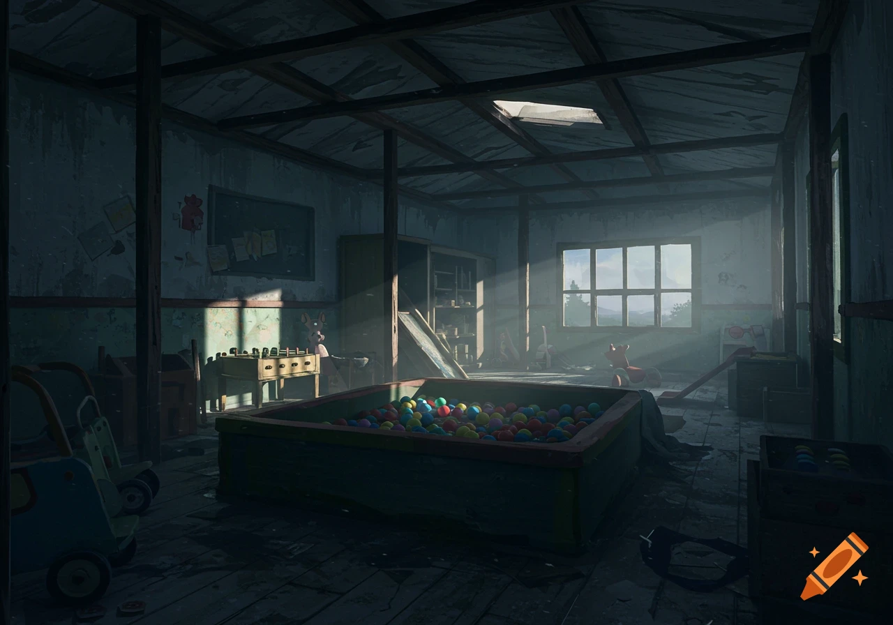 An empty, dark, and dusty abandoned playroom with a ball pit, foosball table, and sunlight streaming through a window.
