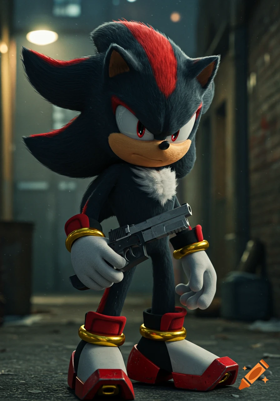 Photorealistic 3D render of Shadow the Hedgehog, black with red stripes, holding a silver handgun in a gritty alleyway.