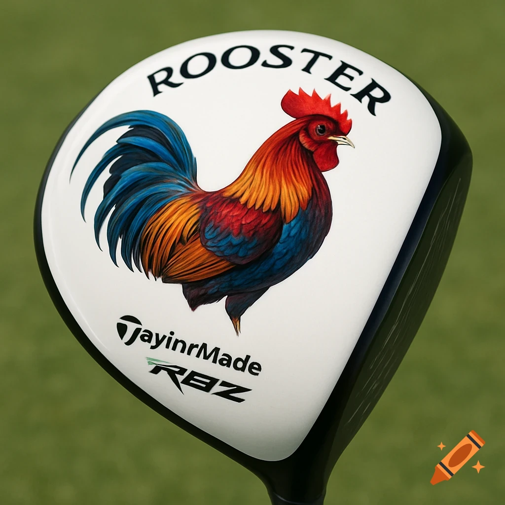 A close-up of a white golf club driver with a vibrant rooster illustration and the word 'ROOSTER' on its face.