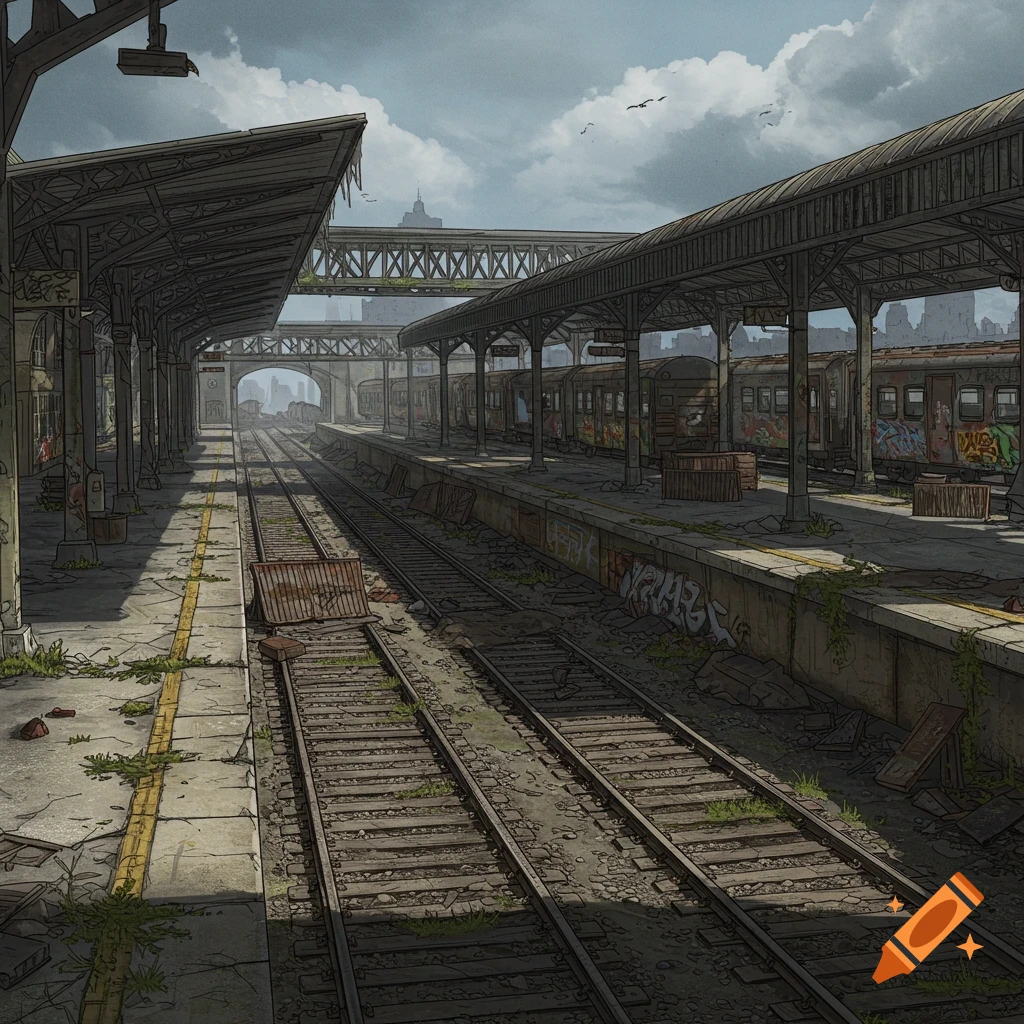An abandoned train station with multiple tracks, platforms, and graffiti-covered train cars under a cloudy sky, in a stylized, battle map art style.