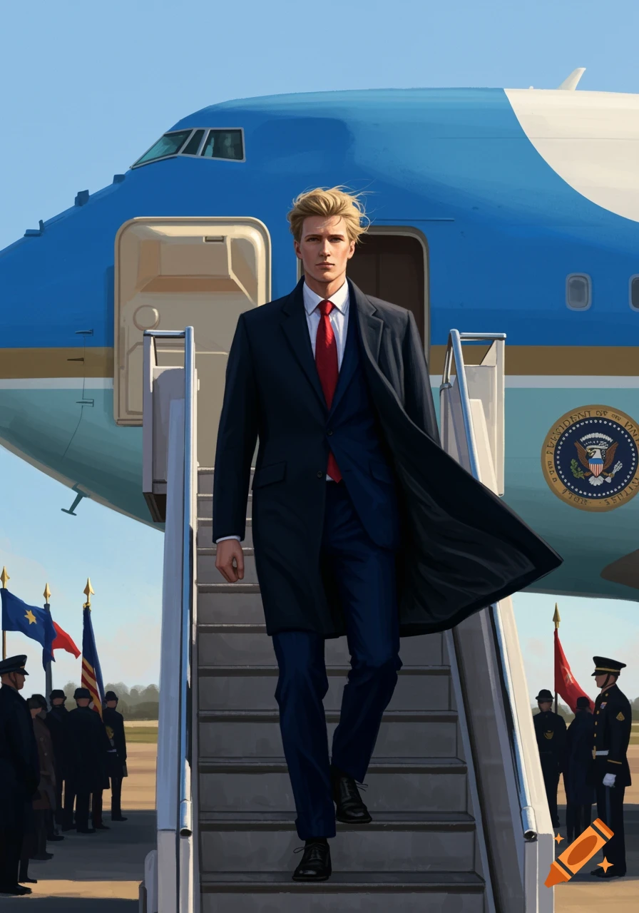 A tall handsome man with blonde hair in a navy blue suit and black coat walks down the stairs of Air Force One.