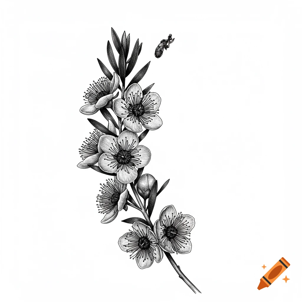 Black and white drawing of Leptospermum flowers and leaves on a branch.