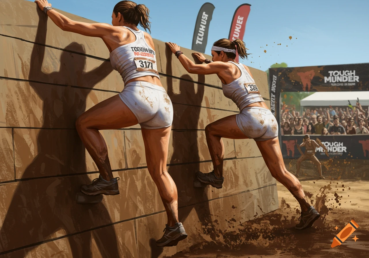 Two women in white shorts and tank tops, covered in mud, climbing a wooden wall during an obstacle race under a sunny sky.