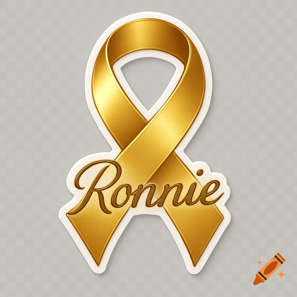 A shiny gold awareness ribbon with the name 'Ronnie' embossed on it.