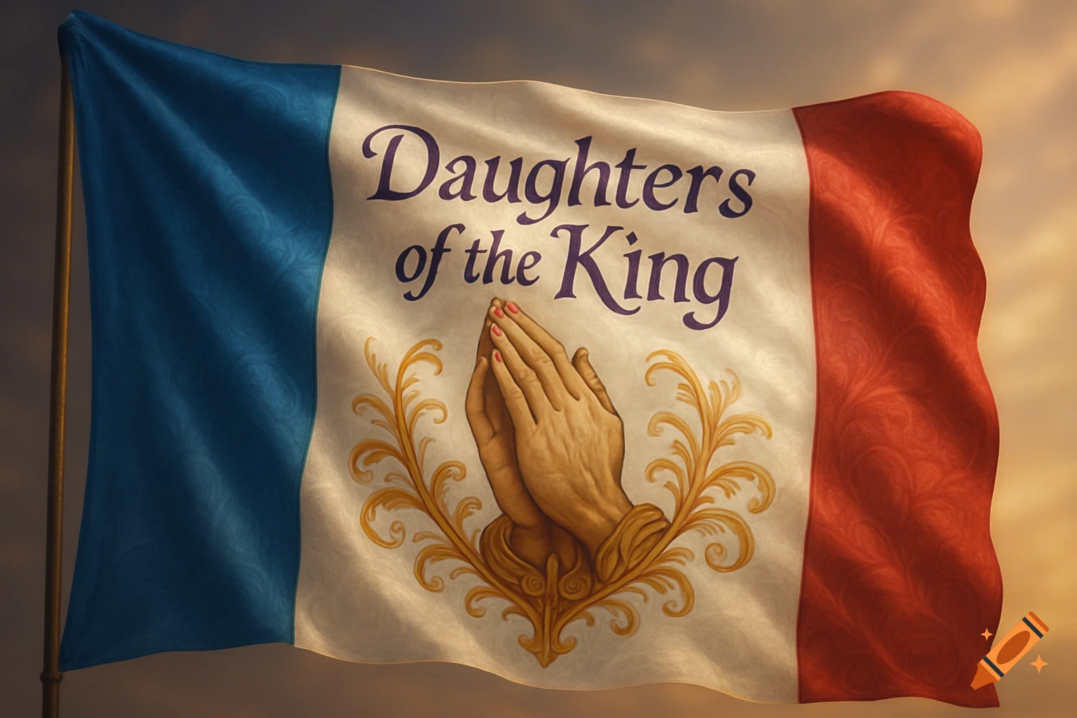 A flag with praying hands and the words "Daughters of the King" on a white background, flanked by blue and red stripes, under a cloudy sky.