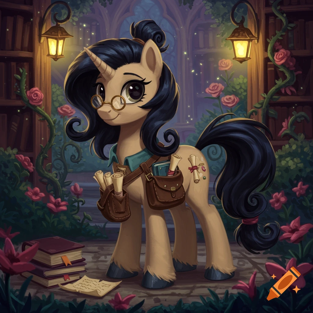A stylized unicorn with black hair and glasses wears a satchel of scrolls in a magical library filled with books and roses.