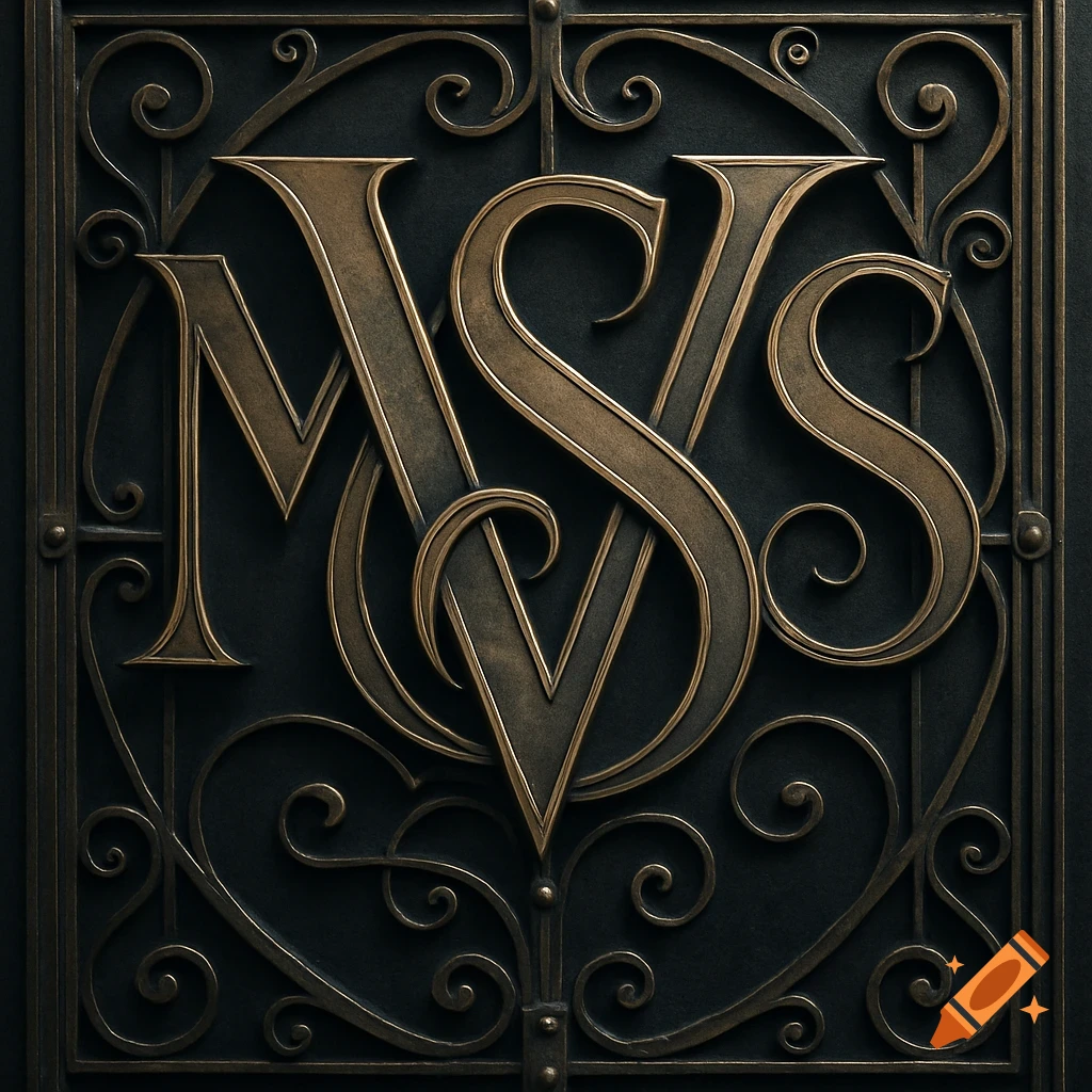 Ornate bronze monogram with intertwined M, S, and V on a dark metal gate with decorative swirls.