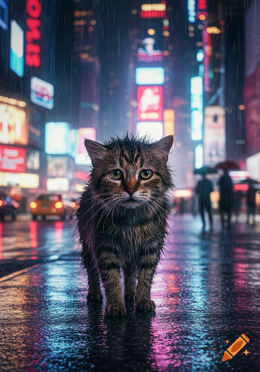 A soggy, wet tabby cat stands on a rain-slicked city street at night, with neon lights reflecting in puddles. Photorealistic style.