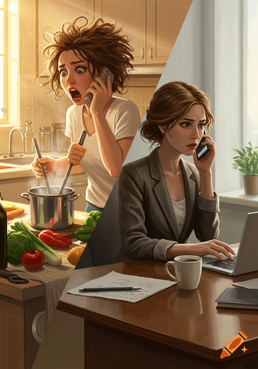 Stylized illustration showing a split scene: a woman frantically cooking and talking on the phone in a kitchen, and another woman working on a laptop in an office.