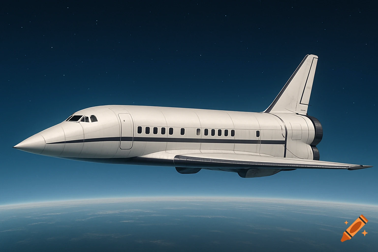 A sleek white aircraft with a pointed nose and rear engines flies above Earth's atmosphere against a dark, star-filled sky.