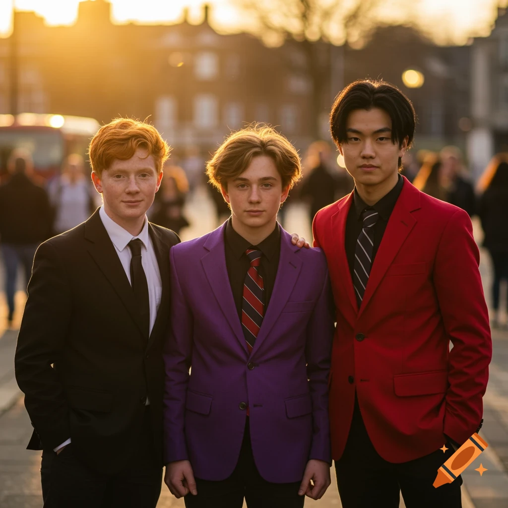 Three young men dressed in colorful suits stand on a city street at sunset.