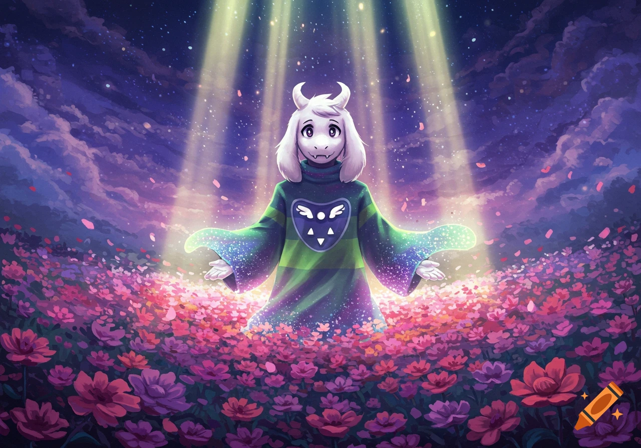 An anime illustration of Asriel from Undertale, a white goat-like character, standing in a field of pink flowers under a starry sky.