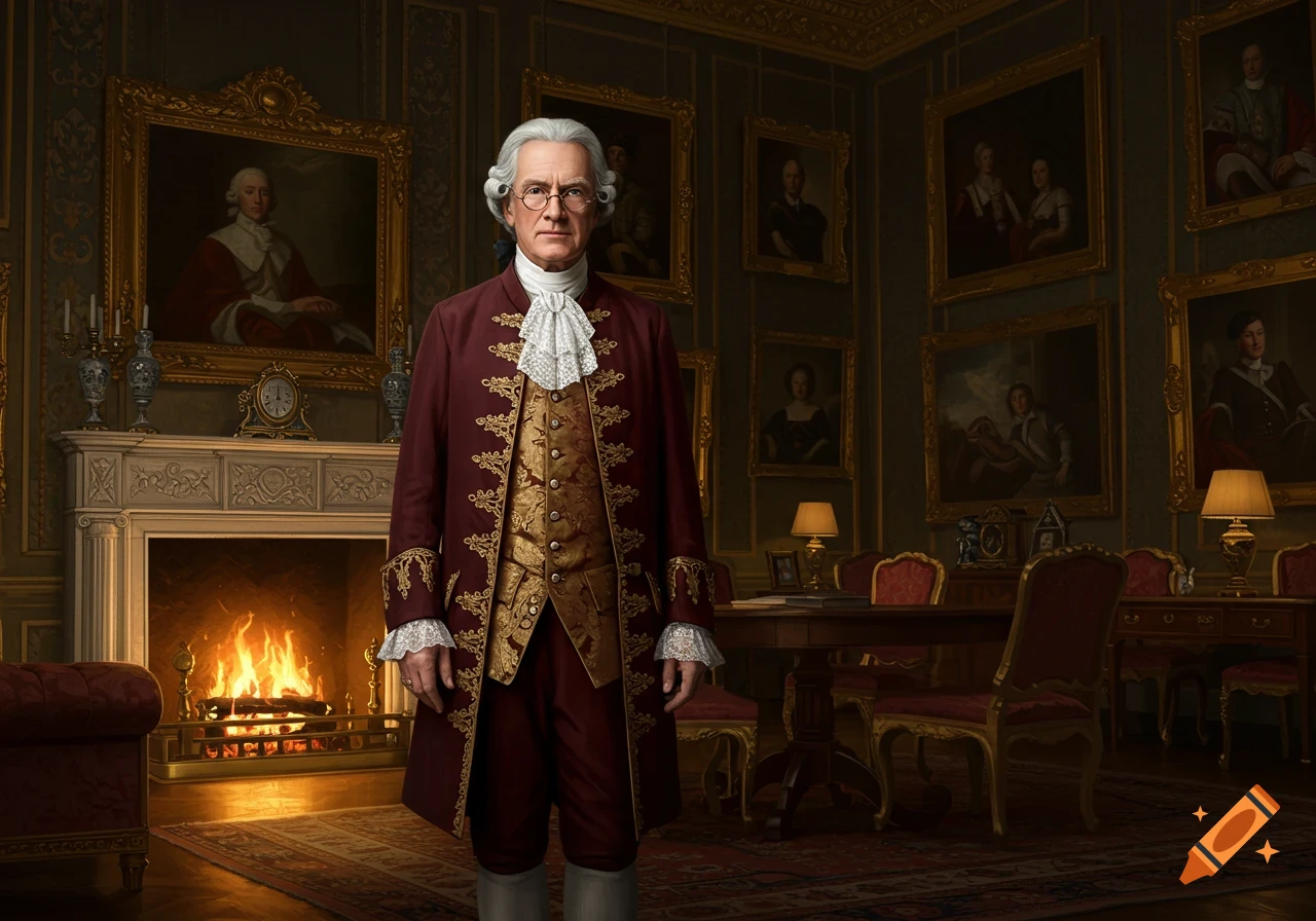 A distinguished man in a powdered wig and an ornate burgundy and gold historical costume stands in a grand, dimly lit room with a fireplace and framed portraits.