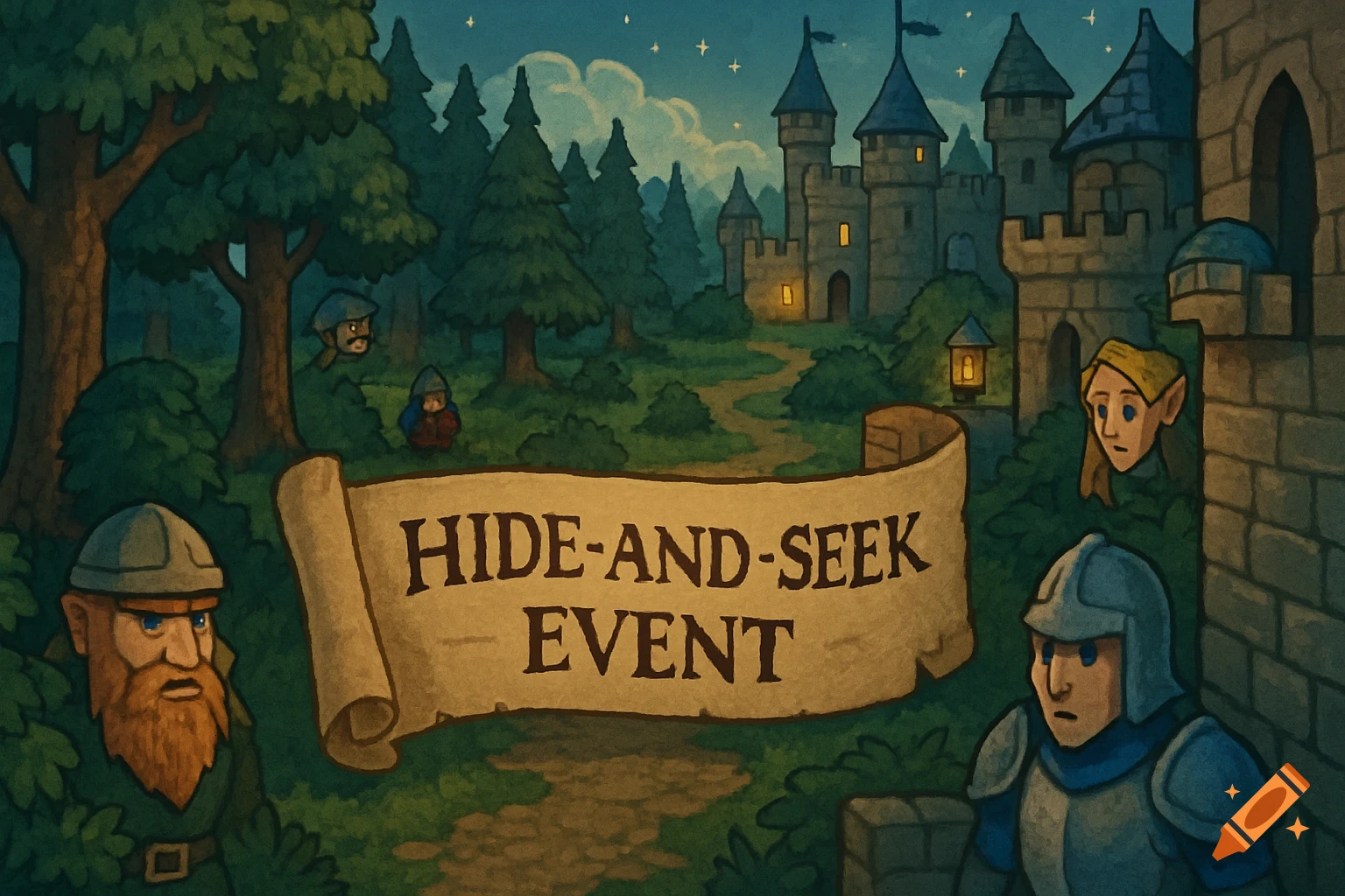 Fantasy characters in a forest with a castle at night, next to a banner reading 'Hide-and-Seek Event', in a game art style.