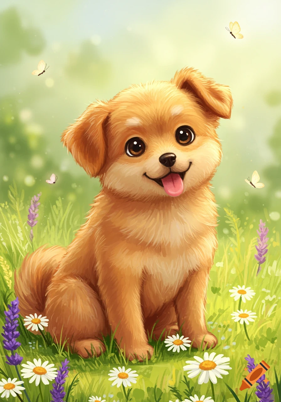 A cheerful cartoon puppy with big eyes sits in a bright green field adorned with daisies and lavender under fluttering butterflies.