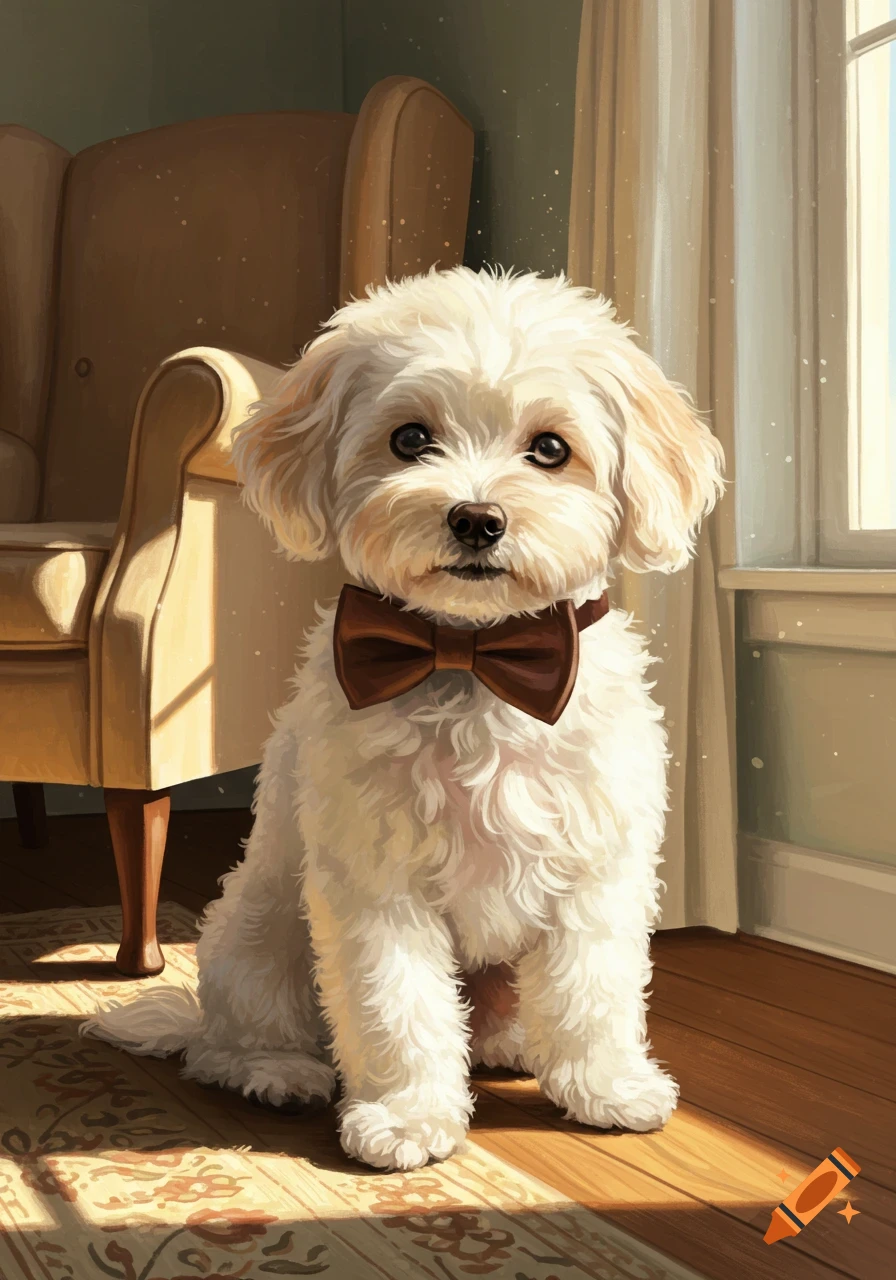A cute white fluffy puppy wearing a brown bow tie sits on a sunlit wooden floor with a rug, next to an armchair and a window.