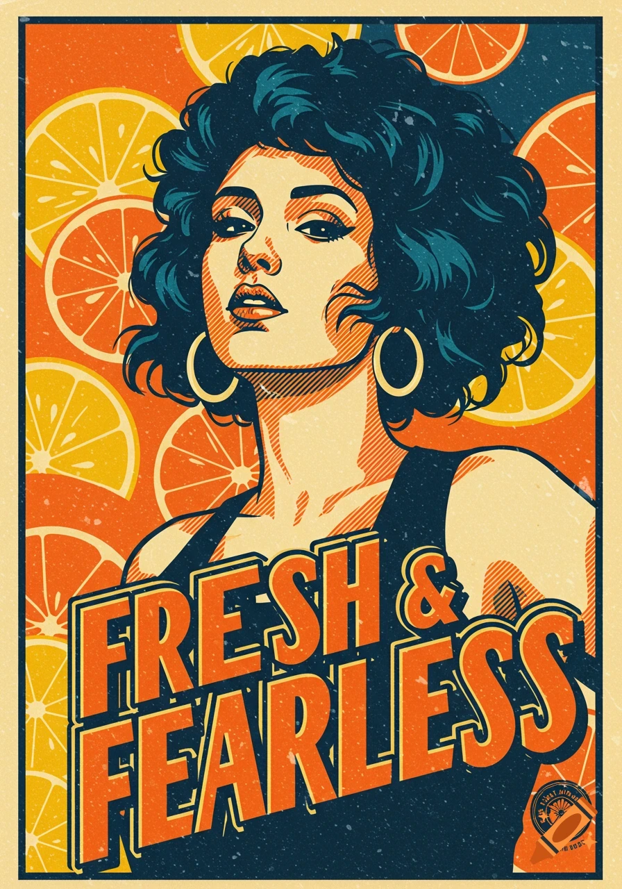 Shepard Fairey-style poster of a woman with dark hair, hoop earrings, and citrus background. Bold text reads 'Fresh & Fearless'.