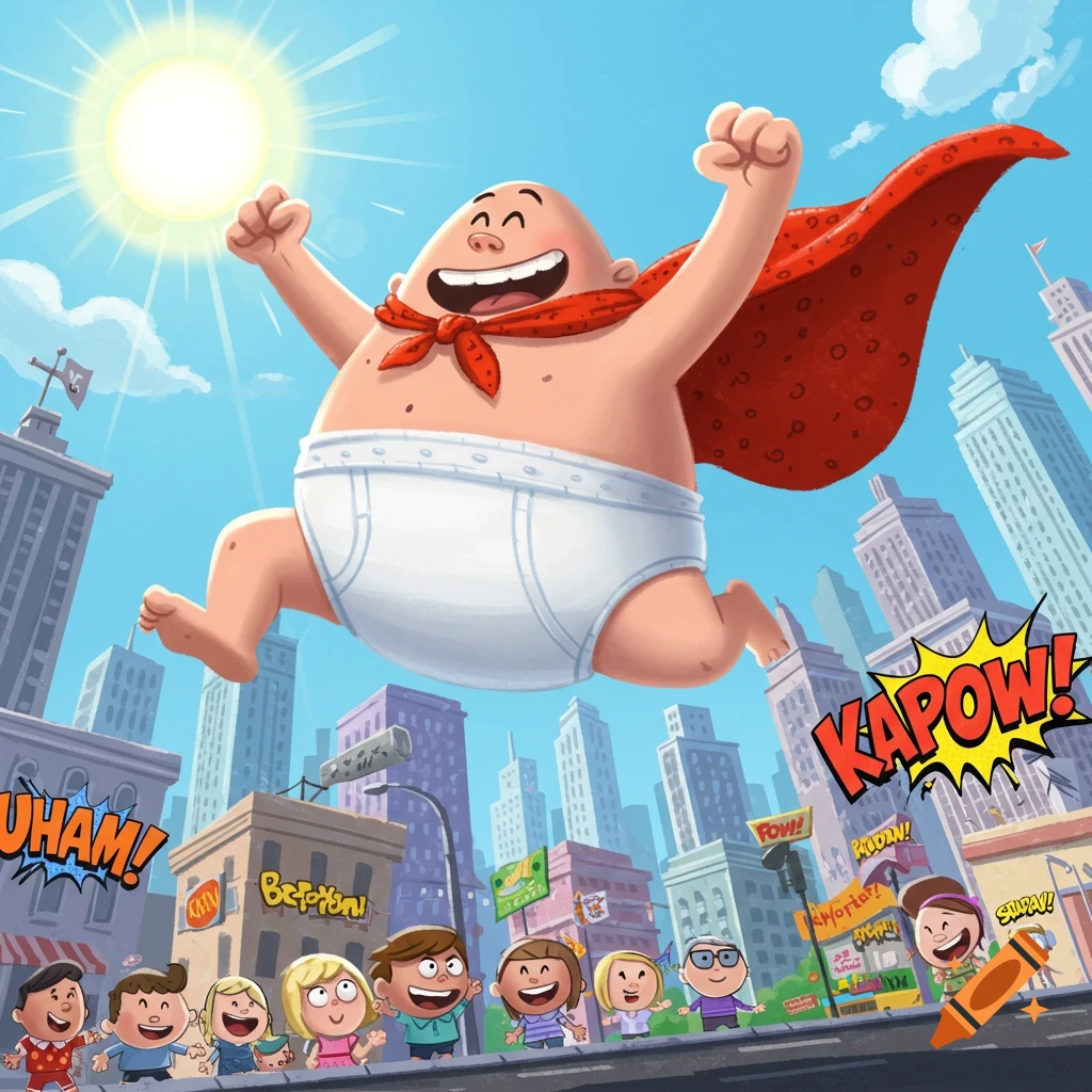 Captain Underpants, a bald man in white briefs and a red cape, flies over a city as children watch from the street below, in a cartoon style.