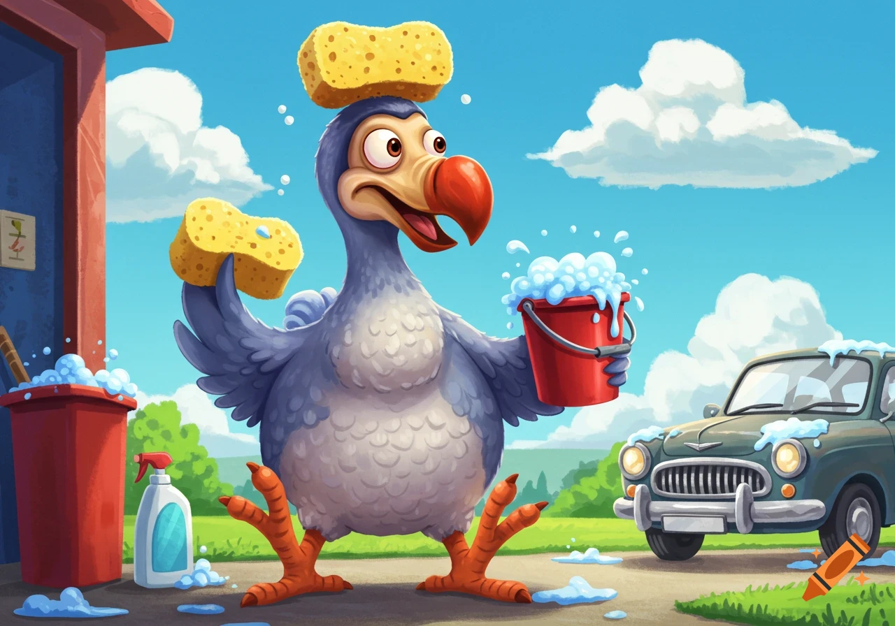 A cartoon dodo bird holding sponges and a bucket of soapy water, standing next to a car being washed.