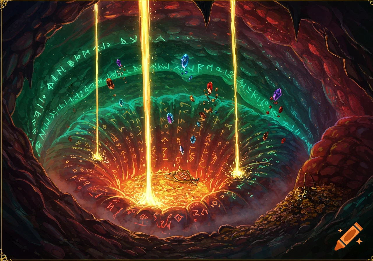 A vibrant fantasy illustration of a cavern, possibly a dragon's stomach, with glowing golden energy beams, floating crystals, and piles of treasure. Intricate glowing runes cover the cave walls.