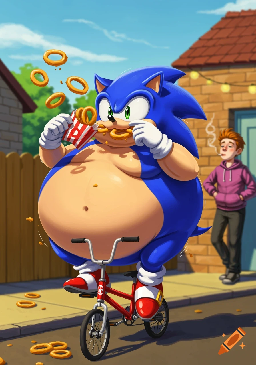 An obese Sonic the Hedgehog rides a small red bicycle while eating onion rings from a striped carton on a sidewalk, with a person smoking in the background.