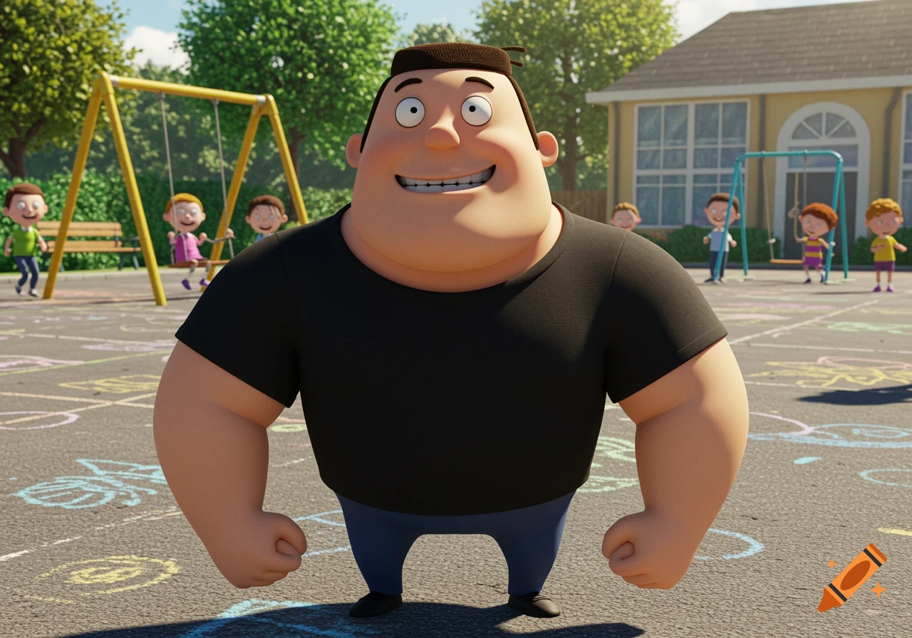 A beefy cartoon man with a wide smile stands in a playground with other cartoon children and colorful chalk drawings.