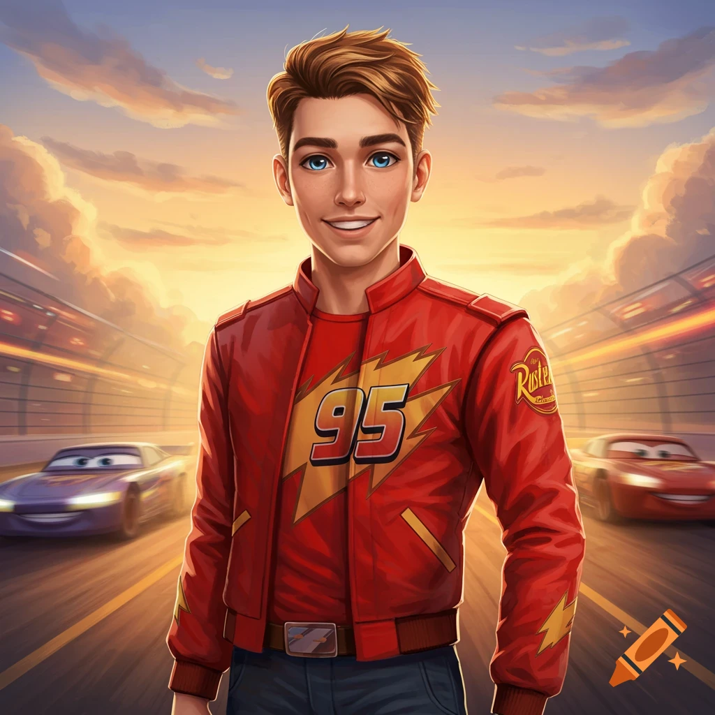 A young man, humanized Lightning McQueen, in a red racing jacket with number 95, smiling on a race track at sunset with cars. Cartoon style.