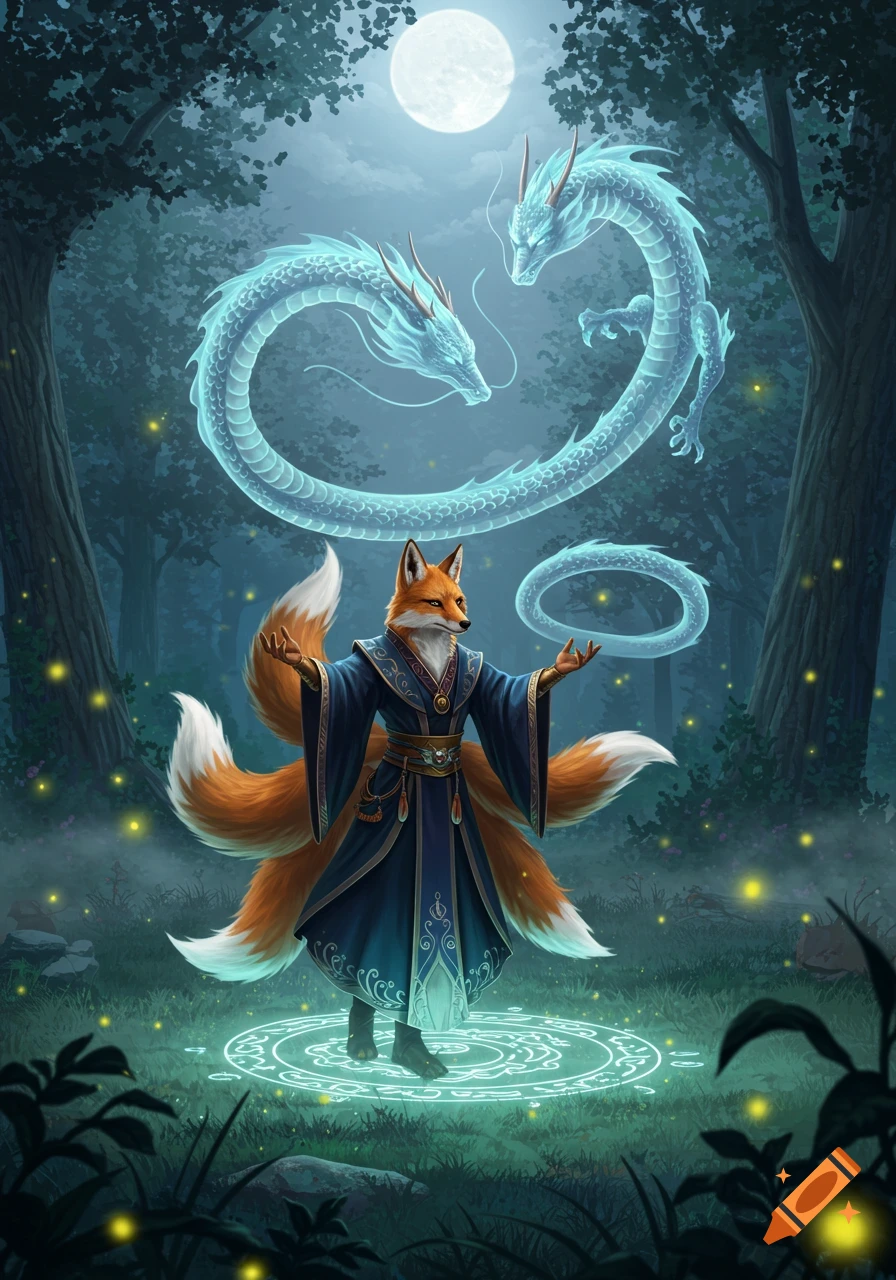 A majestic kitsune in a blue robe stands in a magical moonlit forest, summoning two glowing ethereal dragons.