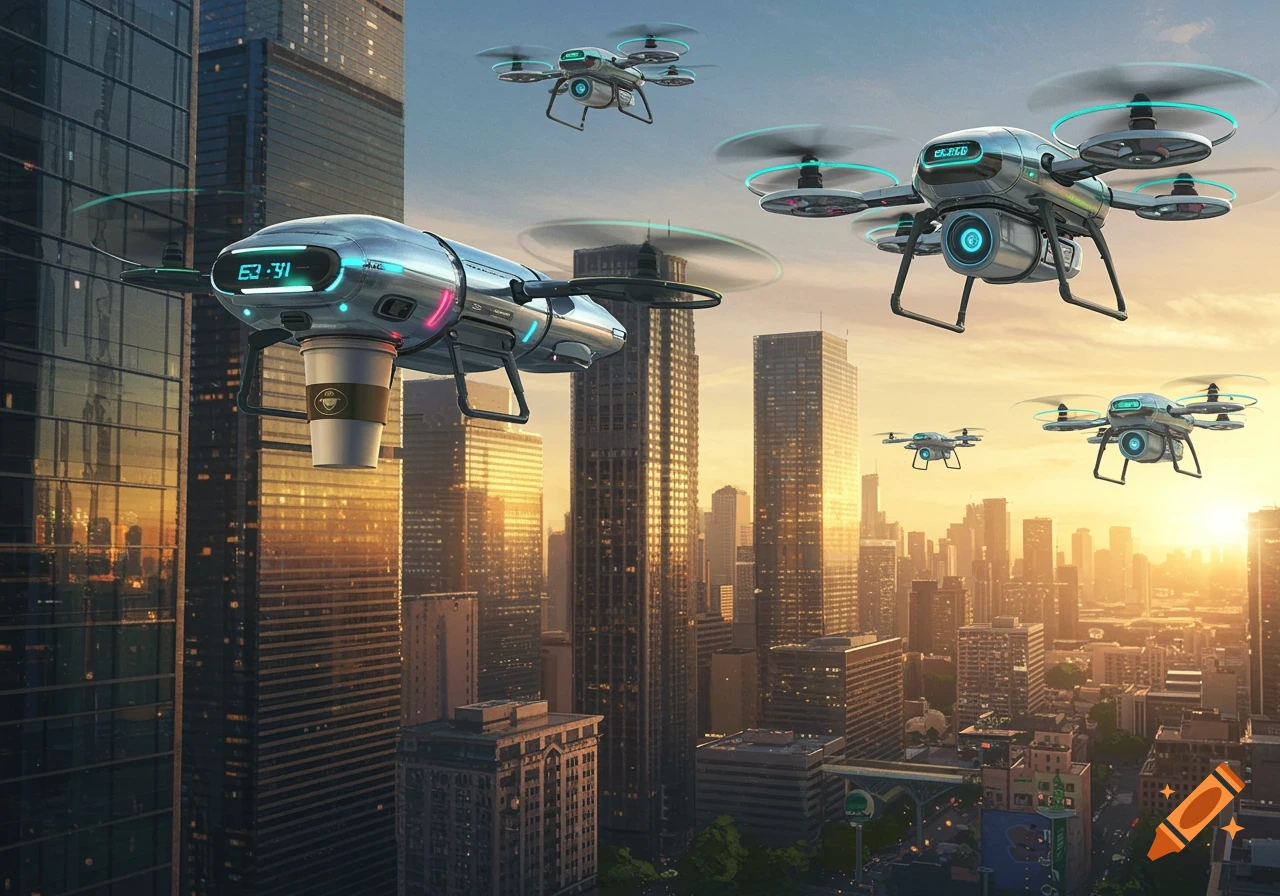 Photorealistic image of futuristic drones delivering coffee above a city skyline at sunset.