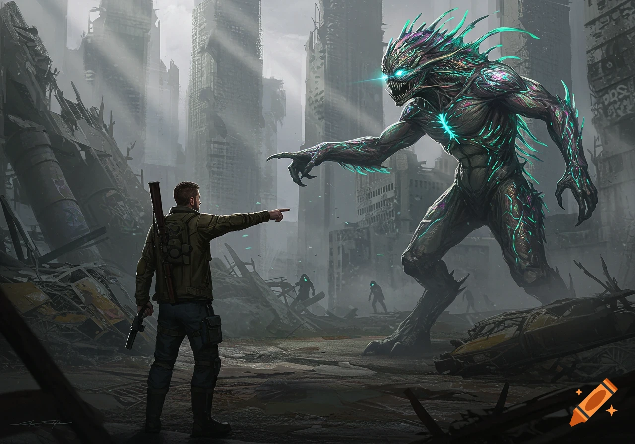 A man points at a large, glowing, spiky monster in a ruined, post-apocalyptic city with a smoky sky.