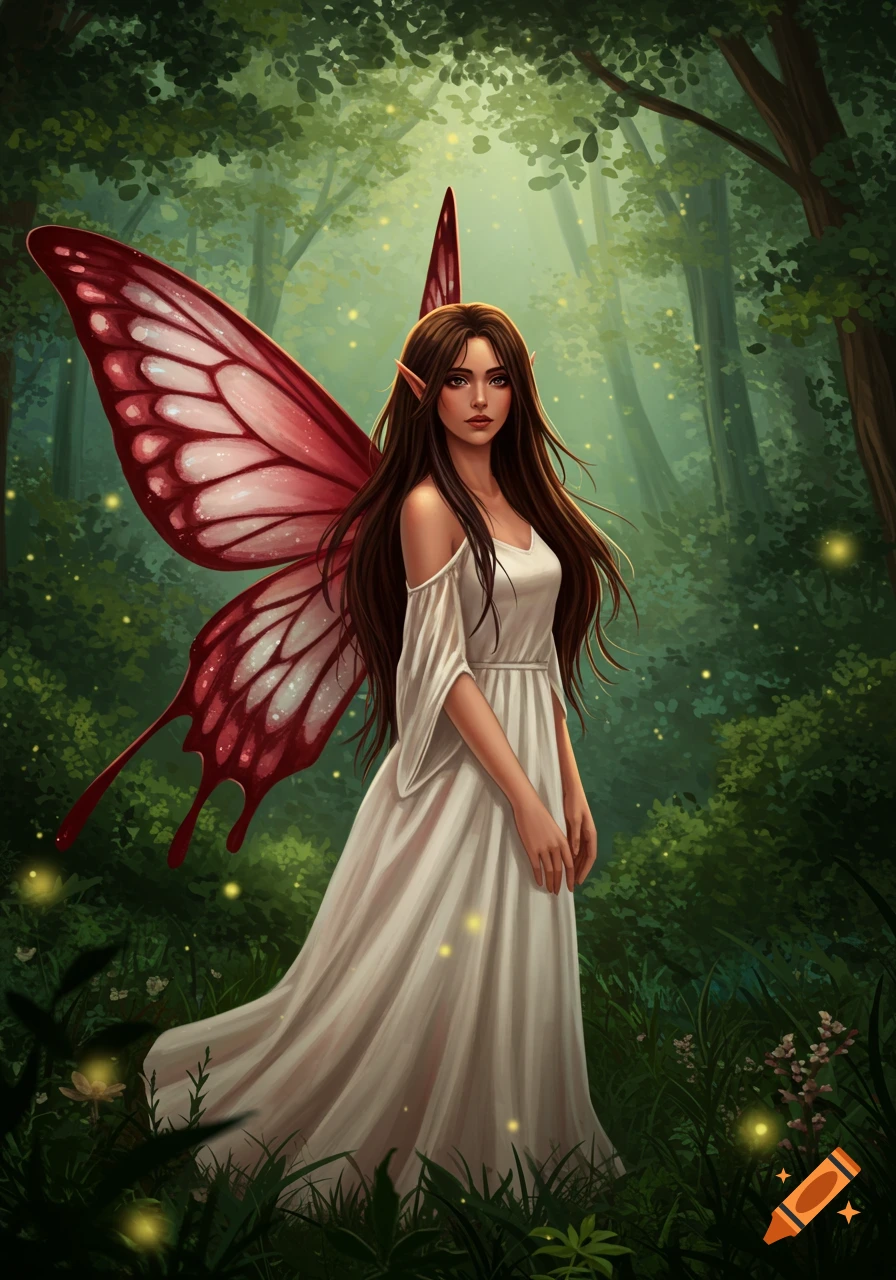 A fantasy illustration of a fairy with red butterfly wings and long dark hair, wearing a white dress in a magical forest.