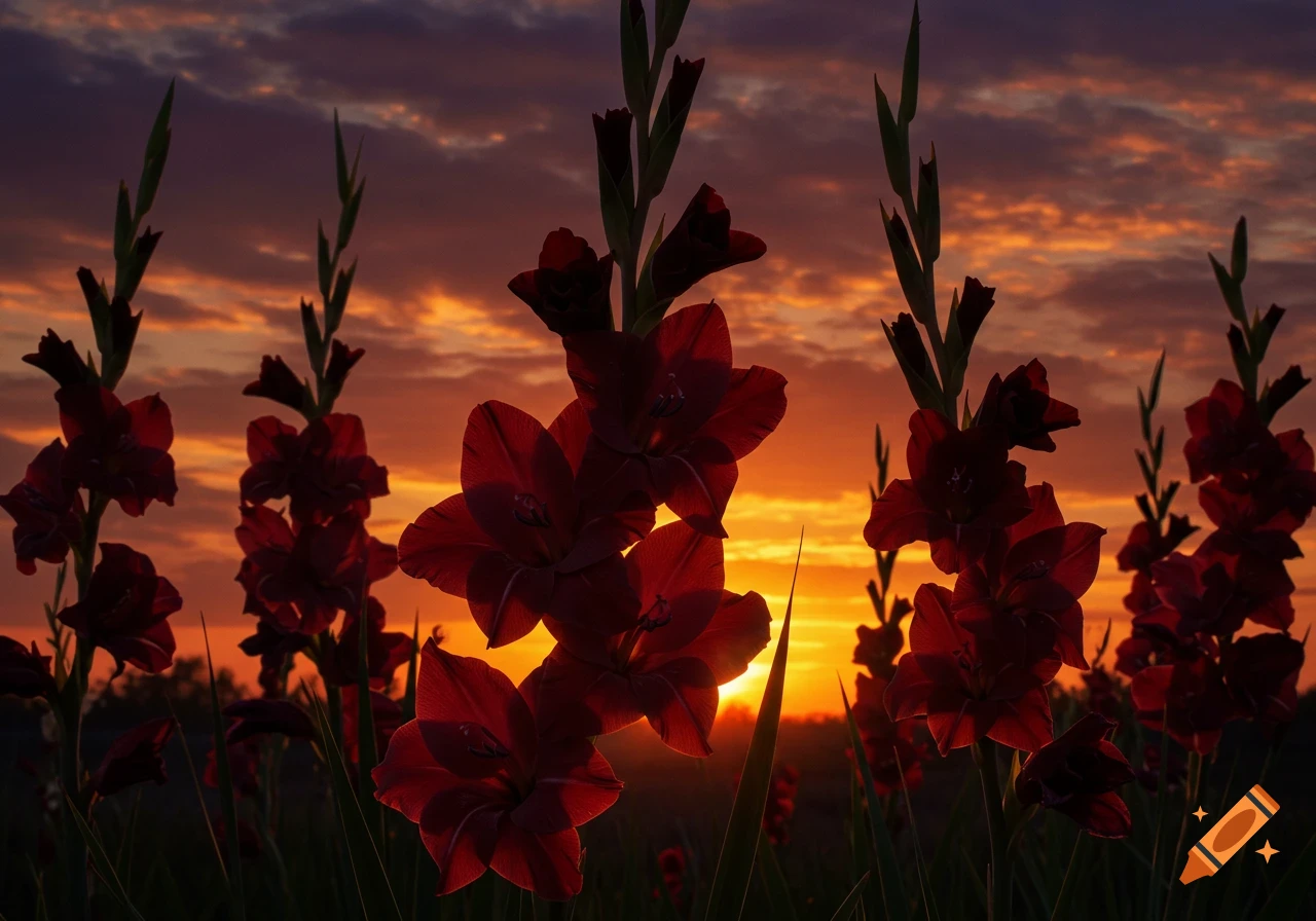 Dark red gladiolus flowers silhouetted against a vibrant orange and purple sunset sky.