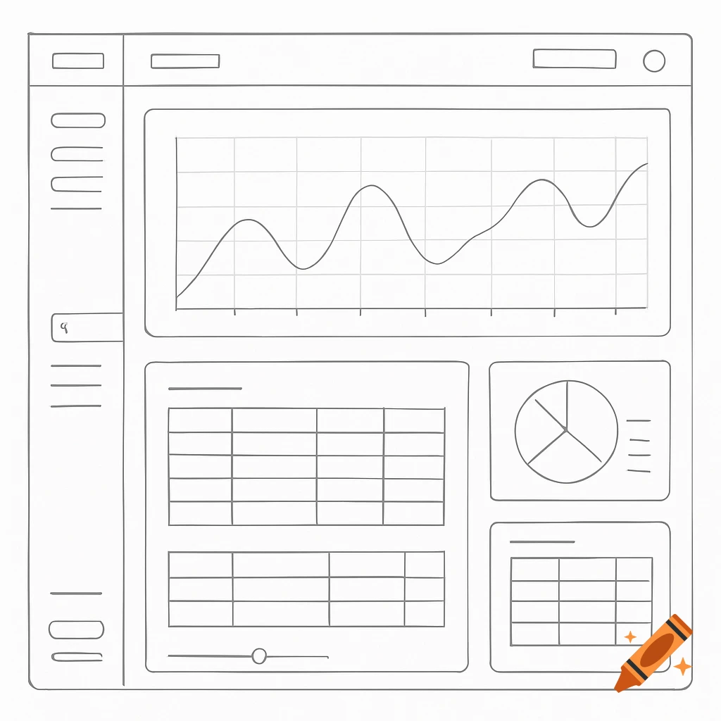 A minimalist black and white wireframe sketch of a dashboard, featuring a line graph, data tables, a pie chart, and navigation elements.