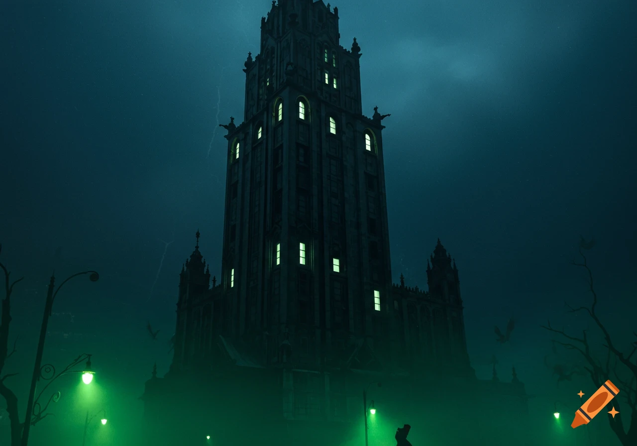 A tall, dark gothic skyscraper looms over a city street bathed in eerie green fog at night, with lightning in the sky.