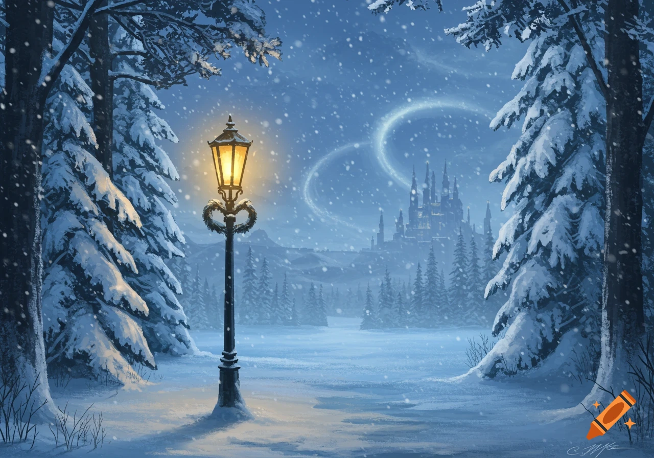 A snowy winter landscape with a glowing lamppost, surrounded by snow-covered trees, leading to a distant fantasy castle under falling snow.
