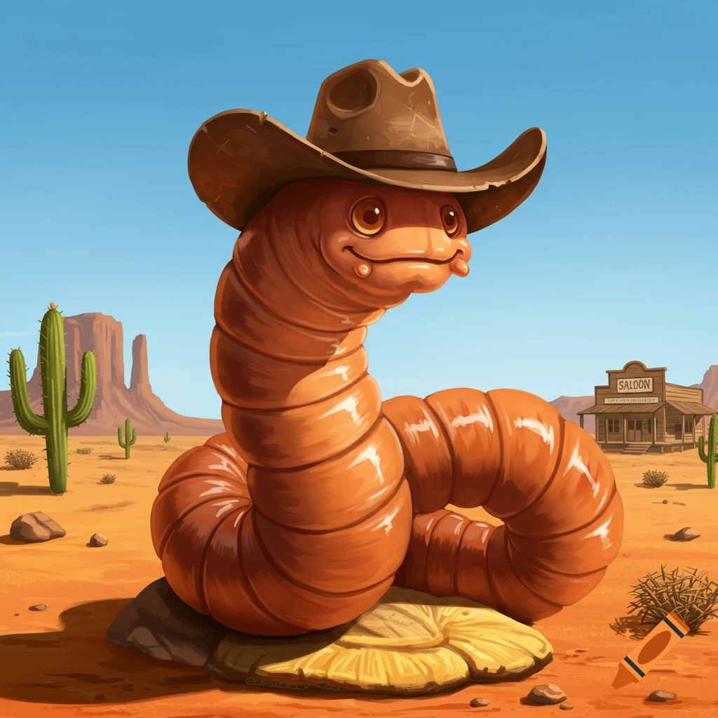 A smiling, cartoonish orange worm in a cowboy hat in a desert with cacti and a saloon.