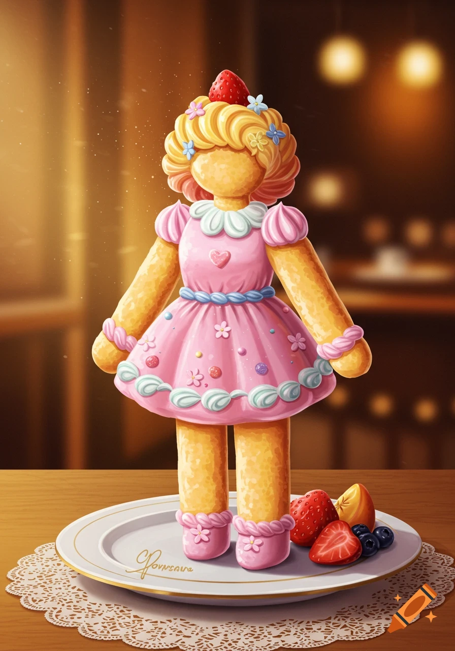 A doll-like figure made of cake, wearing a pink dress and decorated with frosting flowers, stands on a plate with strawberries and blueberries.