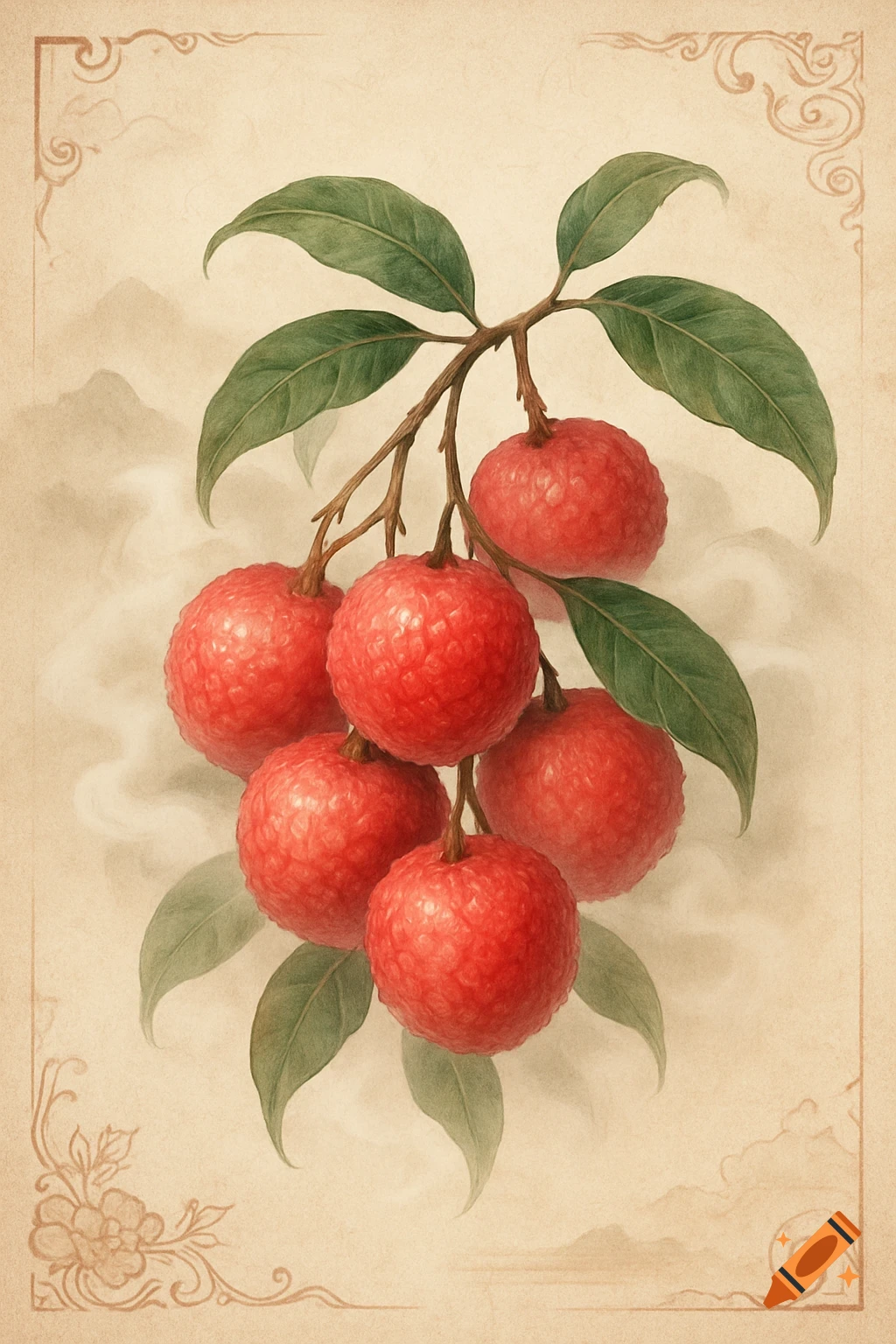 Botanical illustration of red lychees on a branch with green leaves, in a traditional Chinese art style.