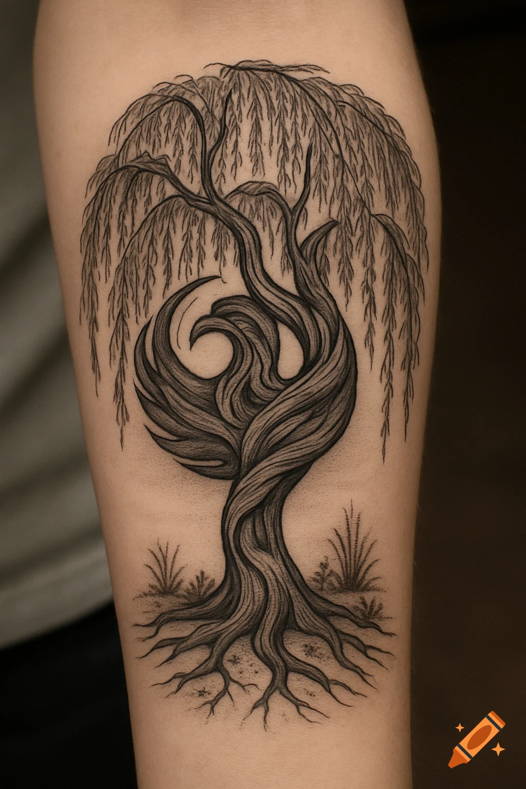 A black and grey willow tree tattoo on an arm, with the trunk subtly incorporating a stylized phoenix.