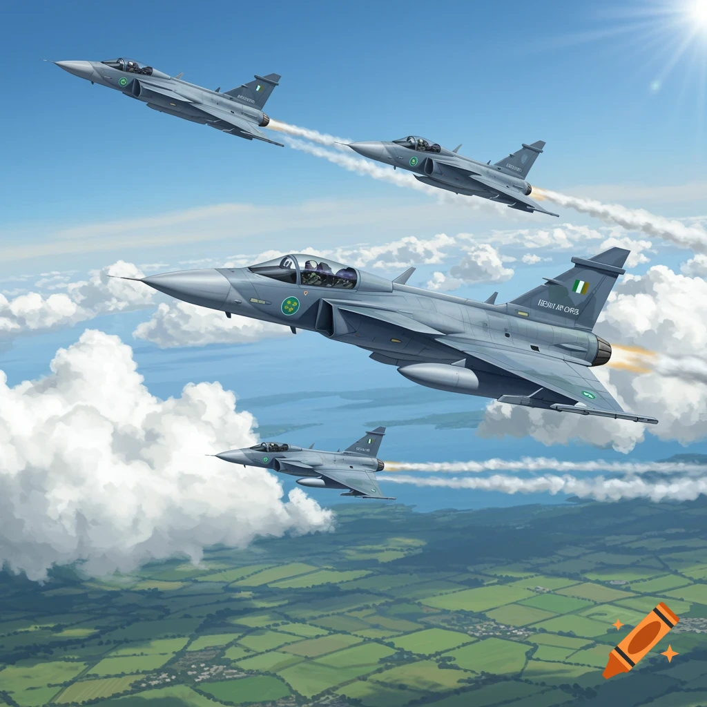 Four grey fighter jets with Irish Air Corps markings fly in formation over a green, patchwork landscape under a blue sky with clouds.