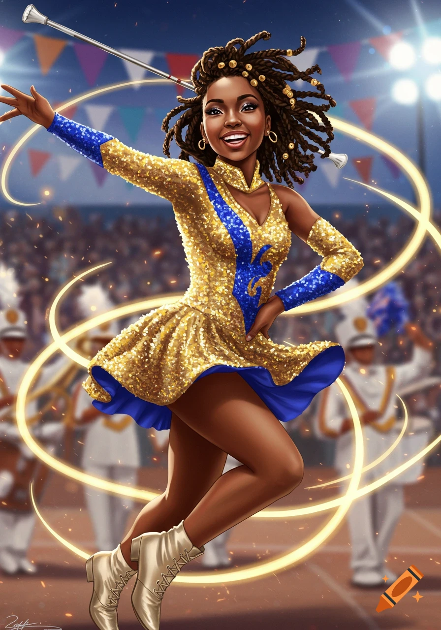 A vibrant illustration of a Black majorette in a gold and blue sequined uniform, dancing and twirling a baton in a stadium.