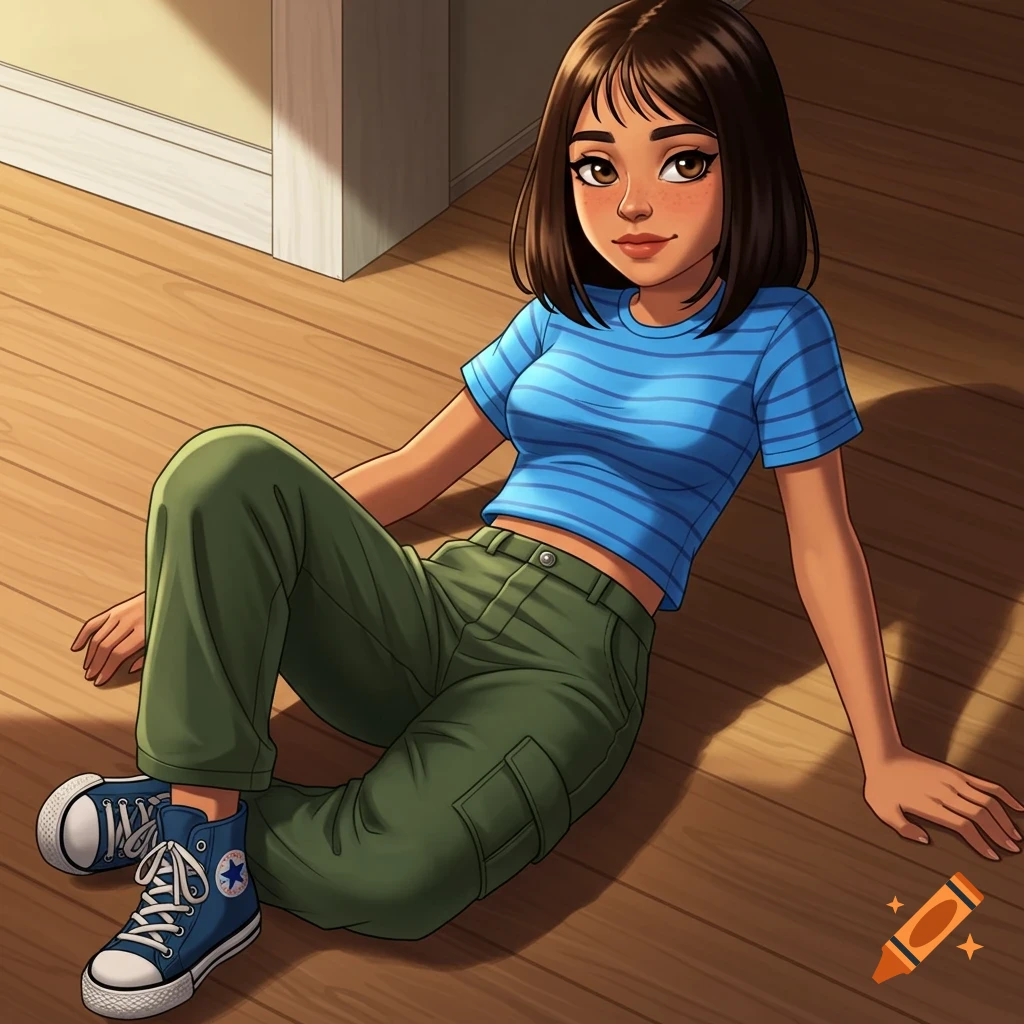 Animated girl with short brown hair, blue striped shirt, green cargo pants, and blue Converse shoes sitting on a wooden floor.
