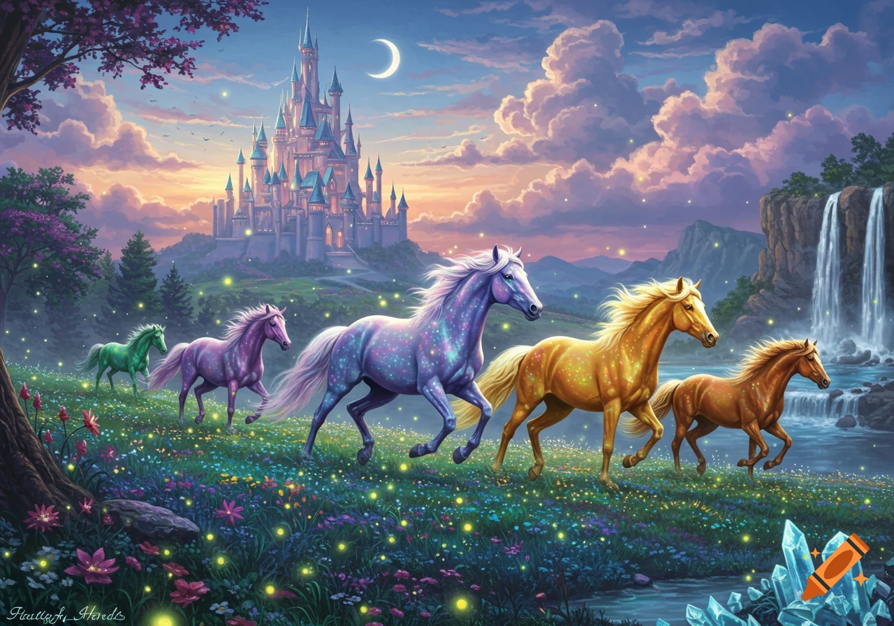 Colorful, sparkling horses run through an enchanted meadow towards a fairytale castle and waterfall under a crescent moon.
