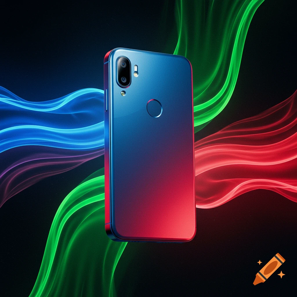 A sleek mobile phone with a blue to red gradient back and dual cameras, against a dark background with glowing blue, green, and red abstract light waves.