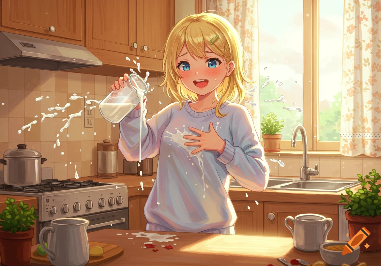 A cheerful blonde anime girl in a light blue sweater accidentally spills milk in a sunny kitchen, with some milk splashing on her chest.