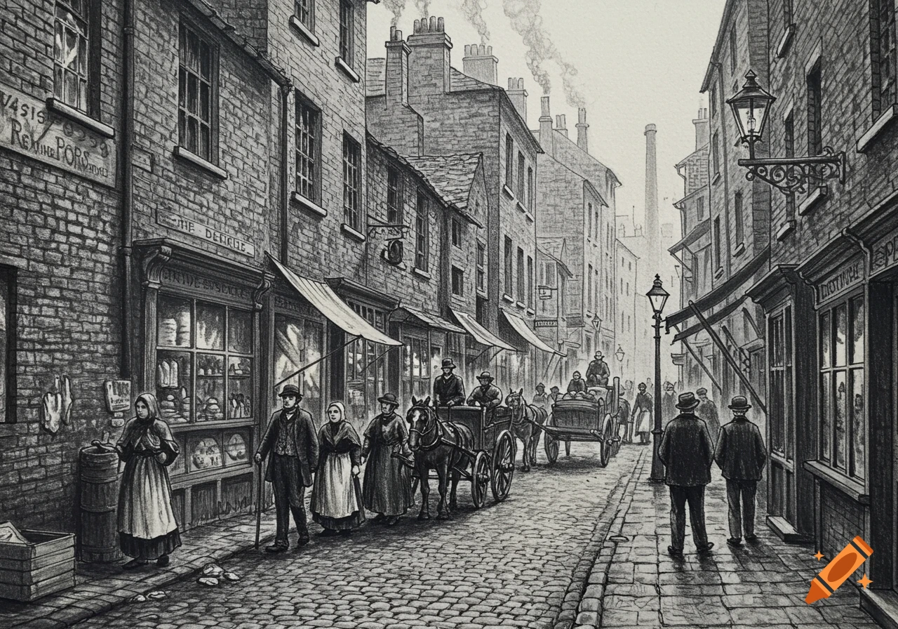 A black and white sketch of a bustling Victorian street scene with people, horse-drawn carriages, and brick buildings.