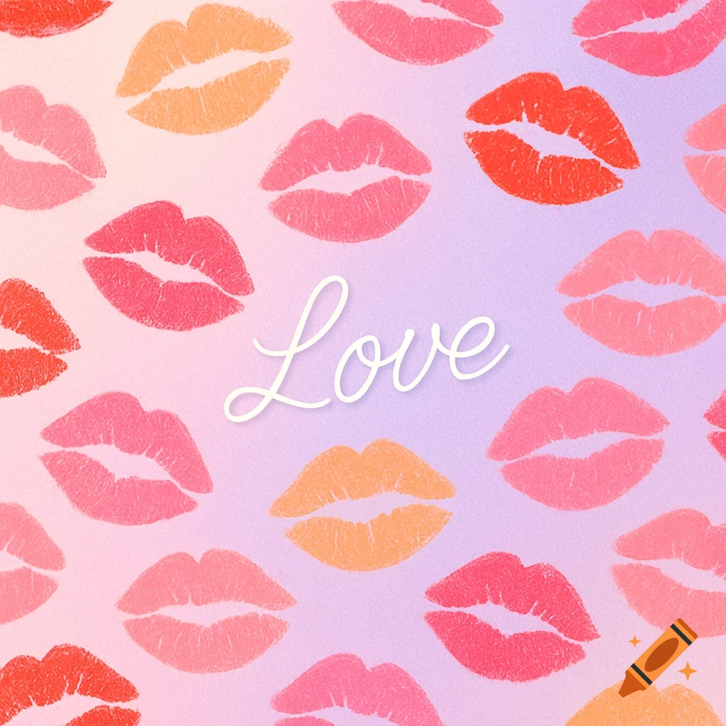 A vibrant pattern of colorful lip prints in various shades of pink, orange, and red on a soft pastel gradient background, with the word 'Love' in elegant white script.